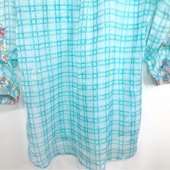 Truth Plaid Floral Teal Semi Sheer Button Down Cottagecore Blouse - Picture 3 of 13